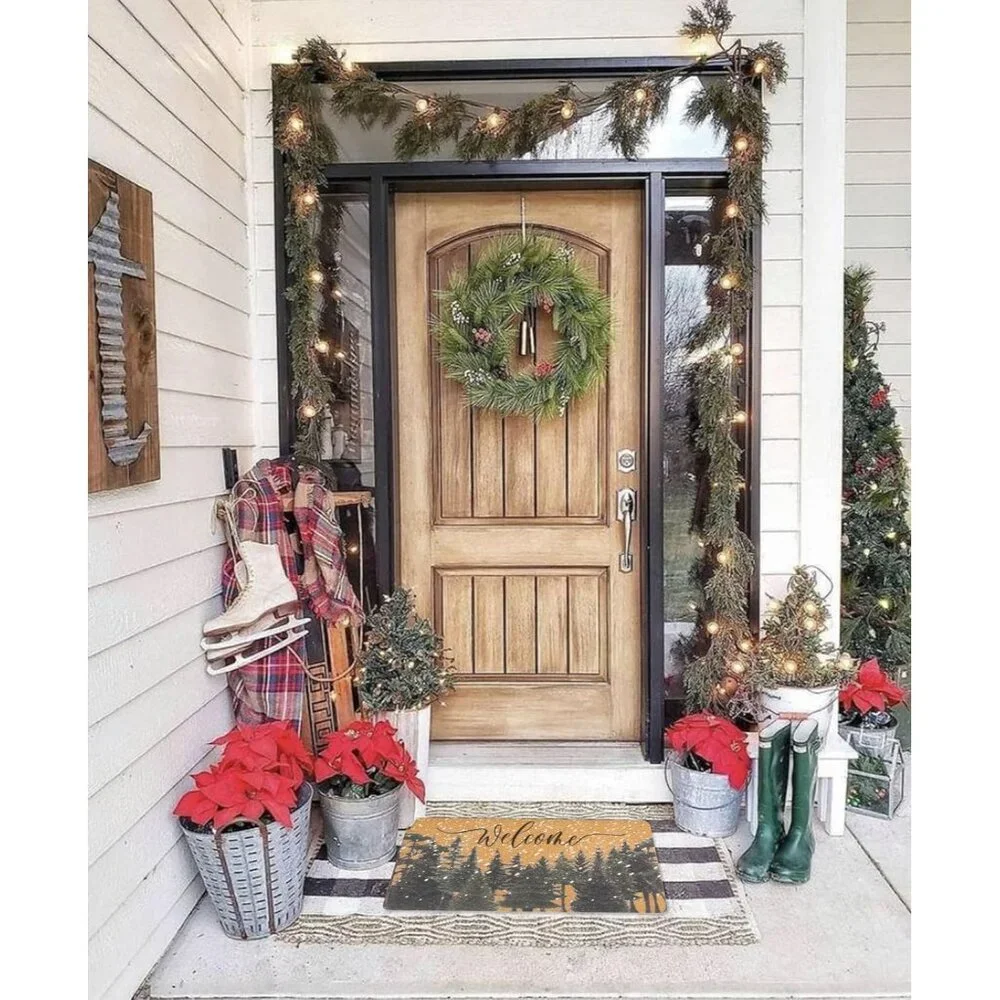 Festive 17x30” Outdoor Doormat, Faux Coir with Non-Slip Backing & Pine Trees